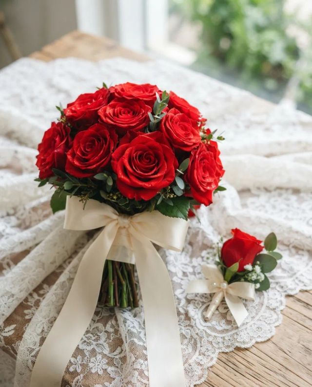 Buquê Noiva 15 Rosas Vermelhas + Lapela