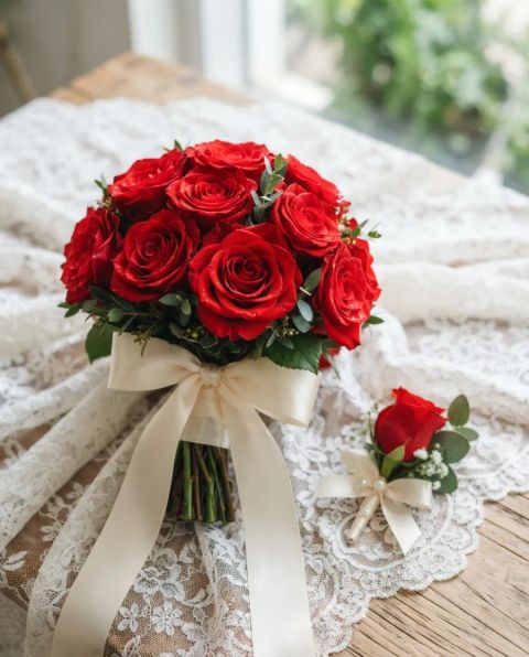 Buquê Noiva 15 Rosas Vermelhas + Lapela