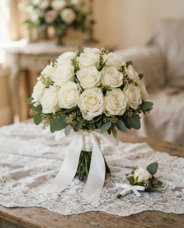 Buquê Noiva 15 Rosas Brancas + Lapela