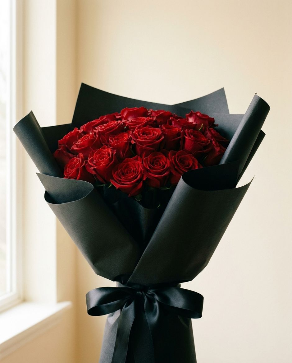 Buquê de duas dúzias de rosas vermelhas em papel preto, com laço de cetim