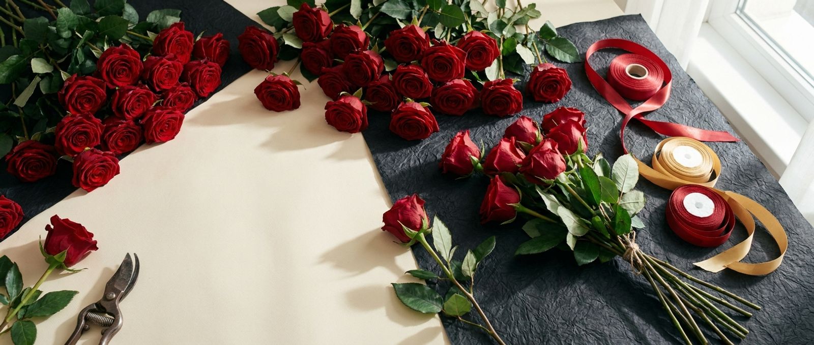 Bancada da loja, com rosas vermelhas, papel preto e fitas de cetim